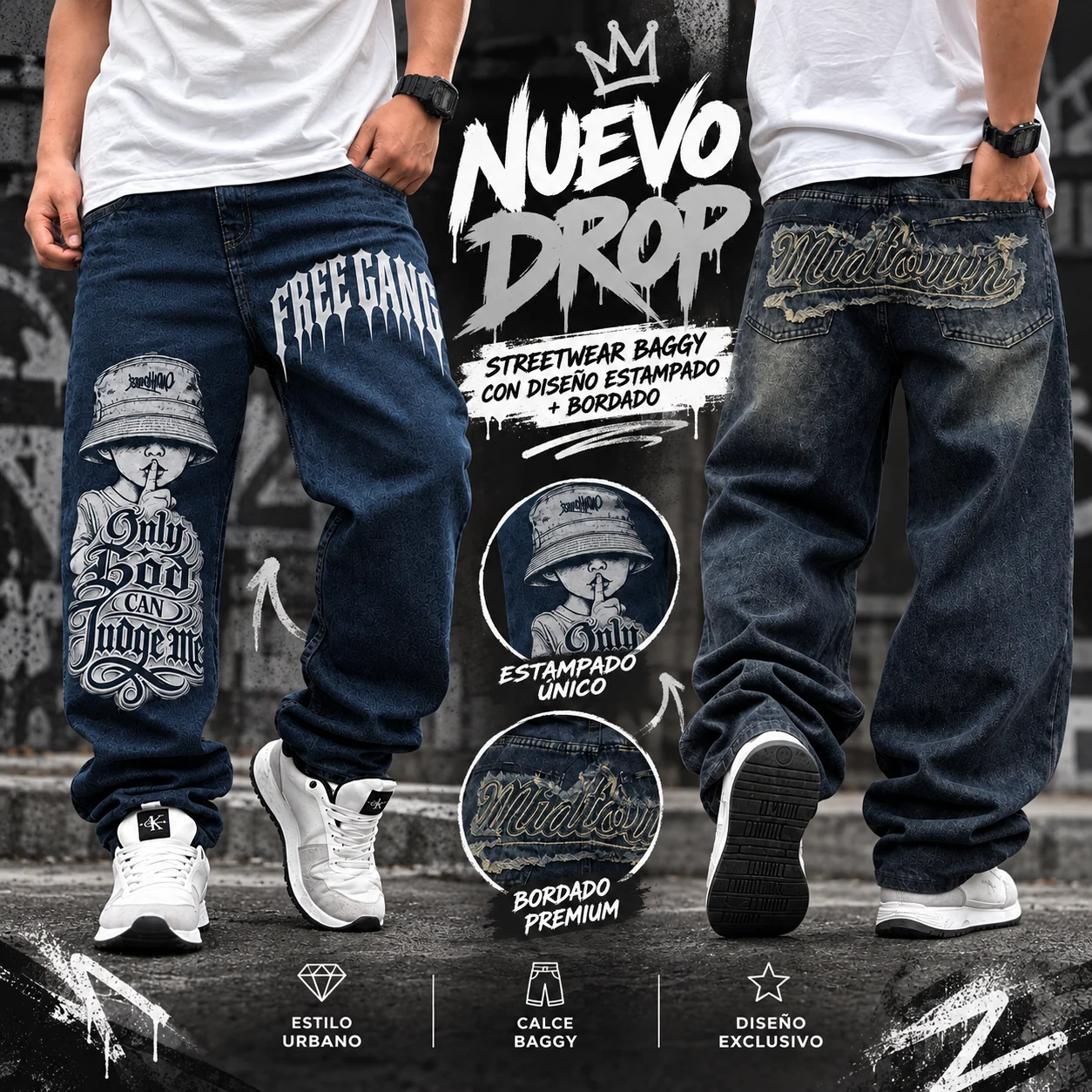 Nuevo drop de jeans baggy urbanos con estampado y bordado